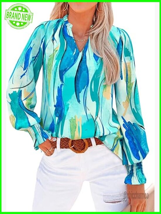 Tops - V Neck Floral Long Sleeve Puff Sleeve Chiffon Blouse Dressy Work Top
